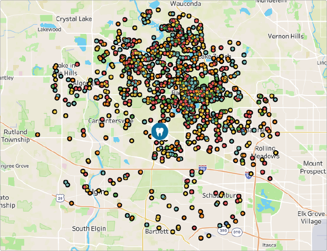 Image shows a geo-plotting of active patient households surrounding a dental practice for demographic targeting insights.