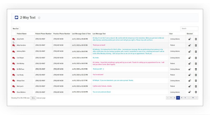 Screen shot of texting dashboard from practice to patients and patients to dental practice