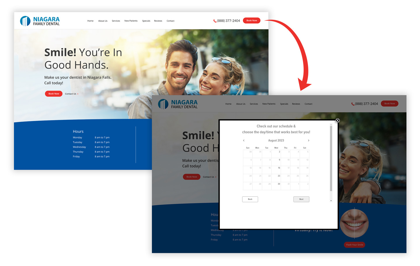 Image of dental website, book now button, and how a new patient can easily see your schedule and book an appointment with 24/7 access.