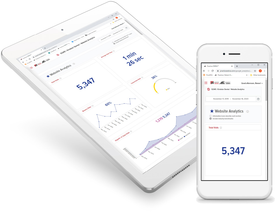 Images show that you can access Practice ZEBRA software and your dental marketing results dashboard on your mobile phone or tablet.